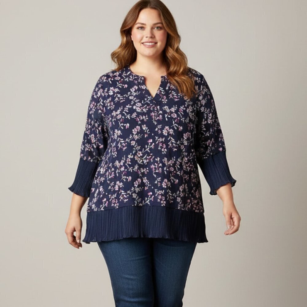 Bloomchic Ditsy Floral Pleated Cuffs Blouse, 1X, NWT